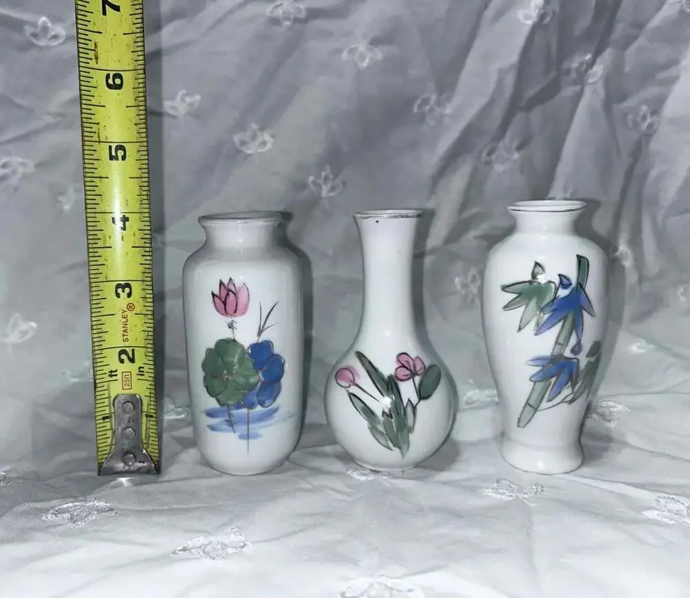 Vintage Japanese Porcelain Miniature Bud Vase 3 Hand-Painted Floral Designs